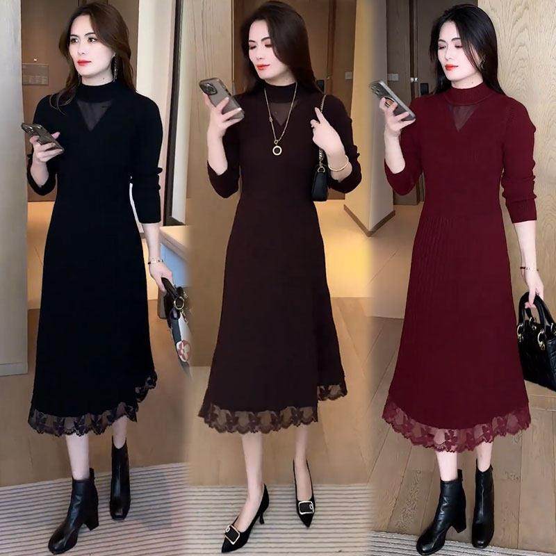 香港代购针织连衣裙女秋冬新款时髦收腰显瘦中长款气质打底毛衣裙