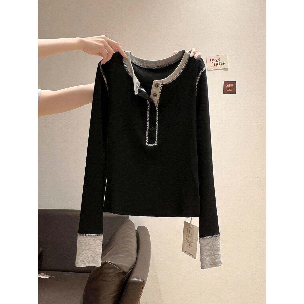 韩国美式拼色辣妹长袖女2025春秋纽扣半开领T恤打底修身内搭上衣