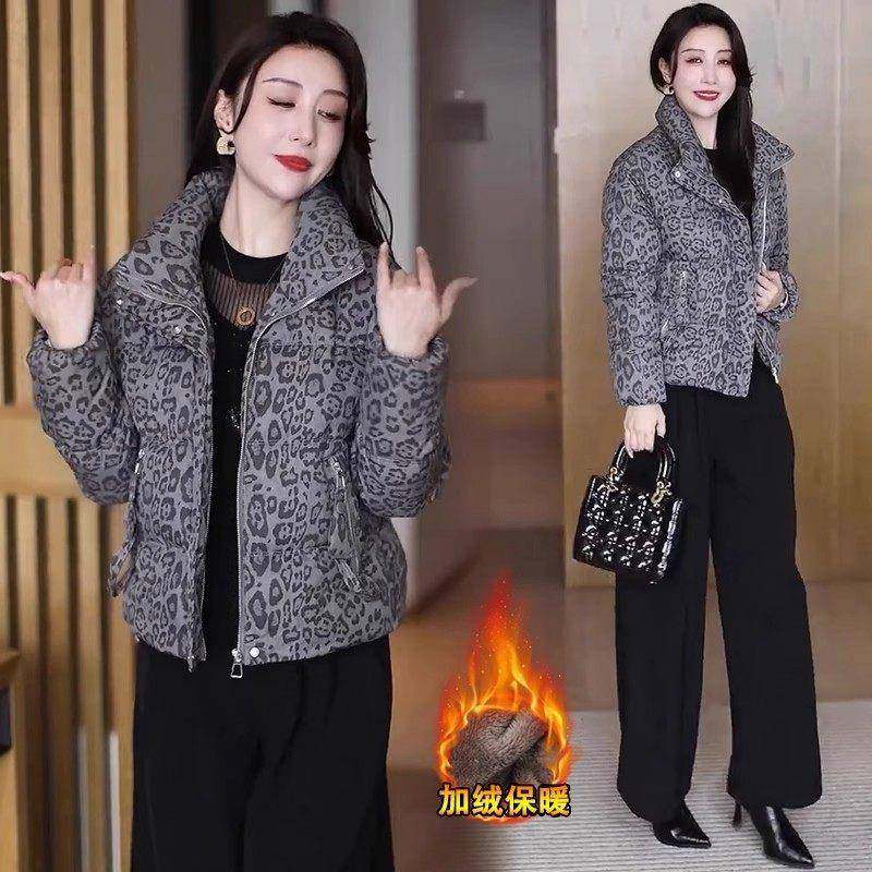 香港代购妈妈装豹纹棉衣女冬季新款时髦保暖印花面包服棉袄短外套