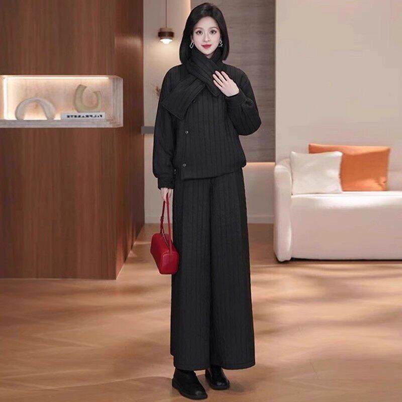 香港代购时尚套装女士冬季新款洋气保暖围脖棉服外套阔腿裤三件套