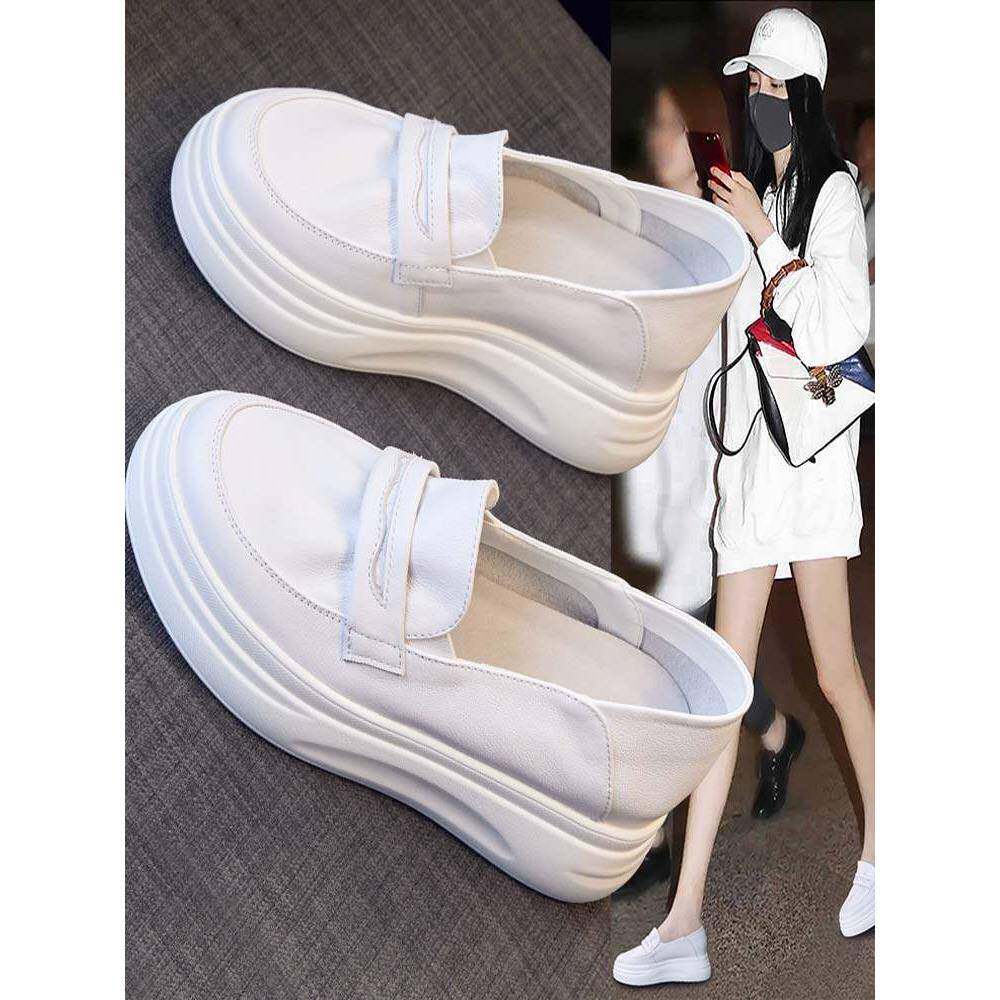 内增高小白鞋女鞋2025年新款真皮休闲厚底一脚蹬百搭两穿春秋单鞋
