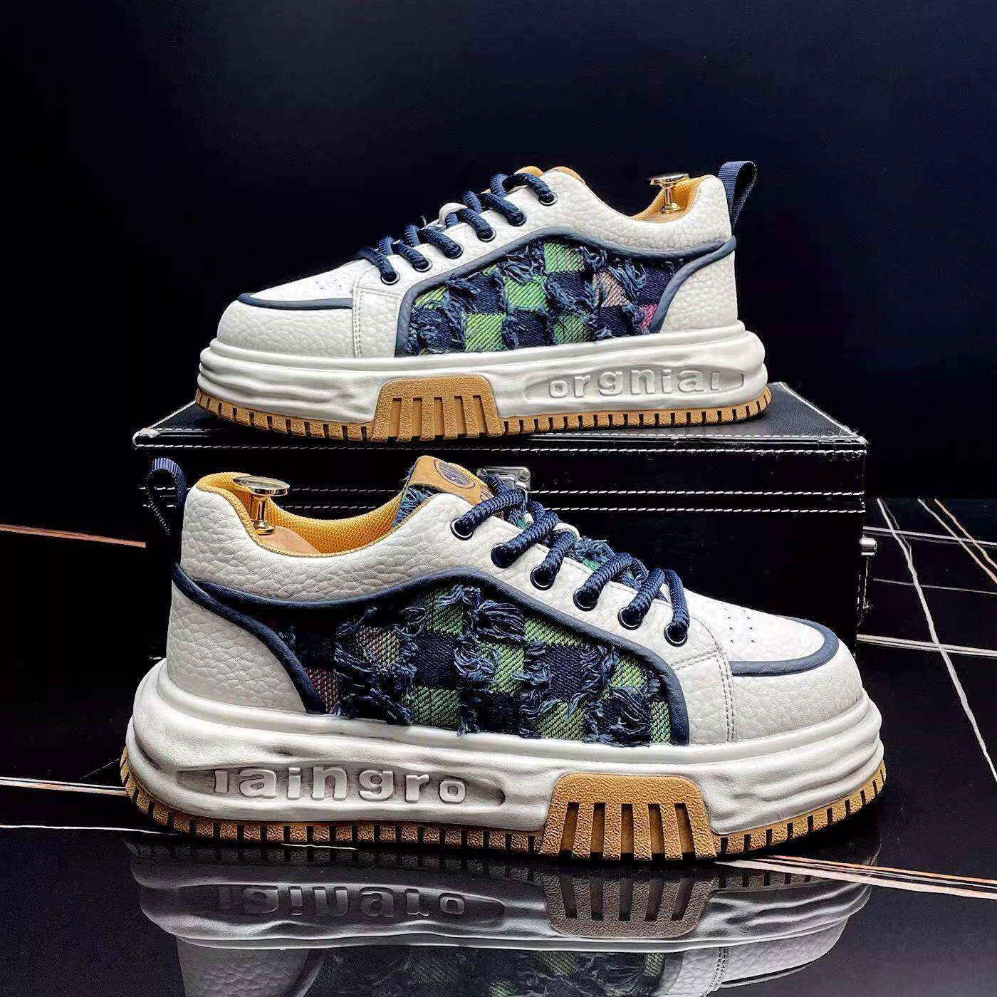 潮牌男鞋2026春季新款拼色超火时尚破洞板鞋厚底内增高透气休闲鞋