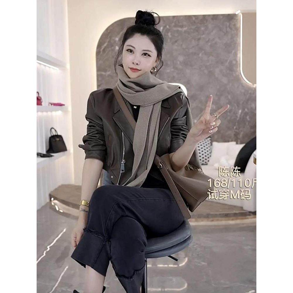 香港斜拉炼短款小皮衣女2025春季新款高级感气质百搭显瘦夹克外套