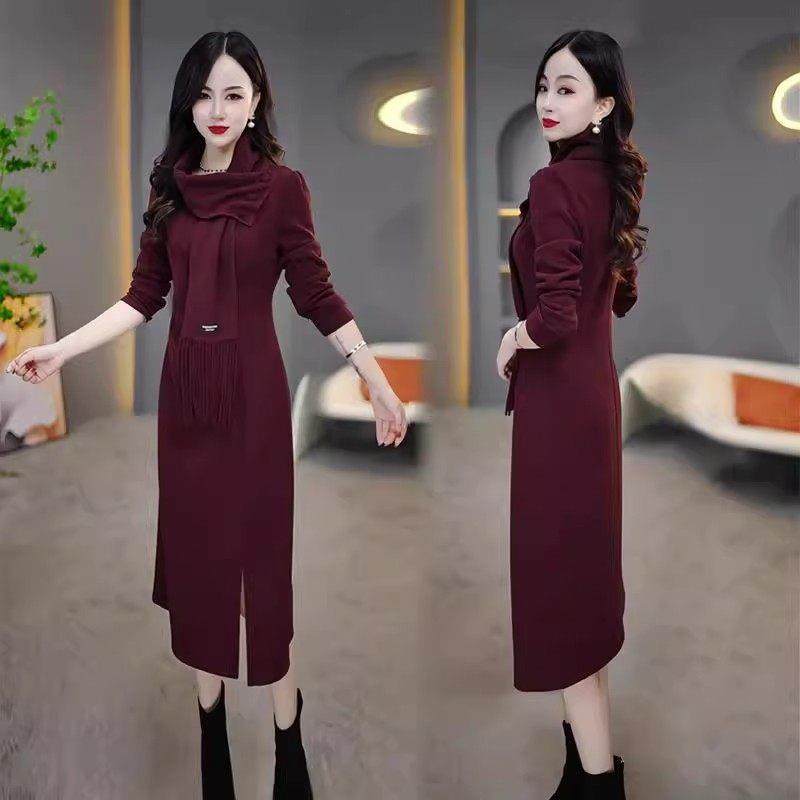 香港代购连衣裙女2025秋冬新款洋气中长款遮肚子显瘦带围巾薄绒裙,女装/女士精品,连衣裙,淘宝优惠券,粉丝福利购,淘宝优惠卷