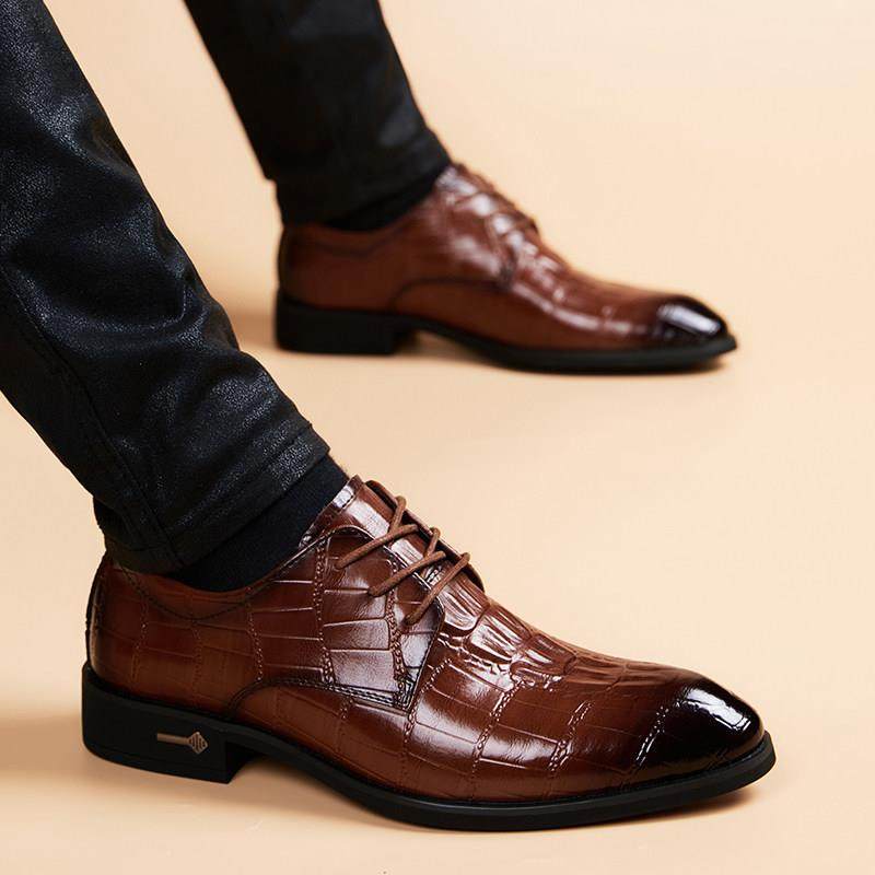 意大利高端鳄鱼纹尖头真皮鞋男商务正装休闲男士潮流内增高结婚鞋