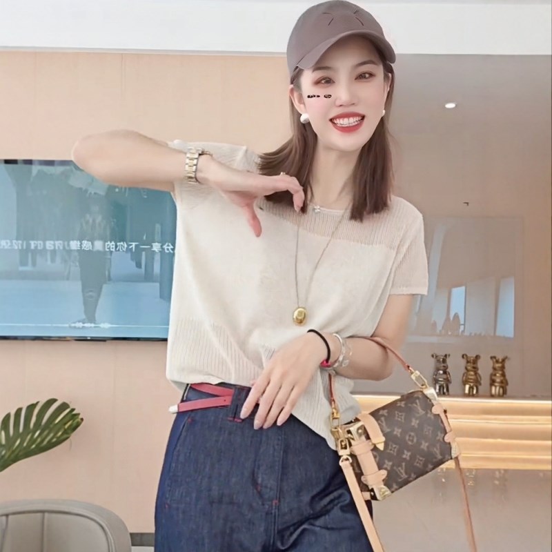 冰丝薄款镂空针织衫针织短袖女2025夏季宽松独特漂亮灰色上衣