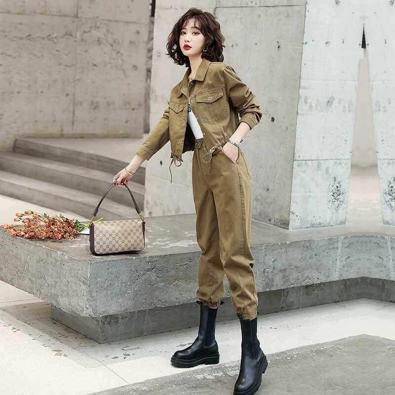 香港欧货工装牛仔短外套裤子两件套女显高显瘦休闲秋季套装穿搭潮