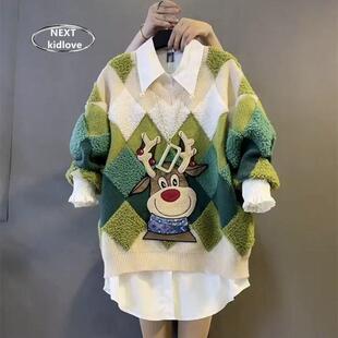 香港春秋冬款v领羊羔毛印花菱格毛衣女中长款衬衫两件套遮肉套装