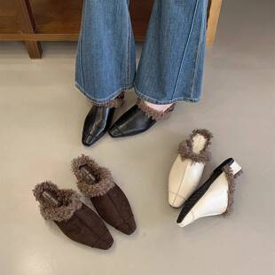 潮牌秋冬新款小方头复古低跟加绒保暖法式单鞋女棉鞋包头半拖鞋