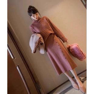 欧洲站冬季新款英伦风高领毛衣半身裙子名媛御姐有女人味的套装裙