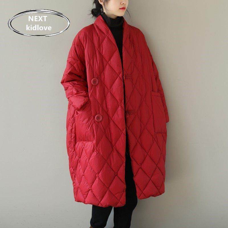 香港大码胖mm无领菱格羽绒棉服红色外套女冬装长款过膝轻薄加厚潮
