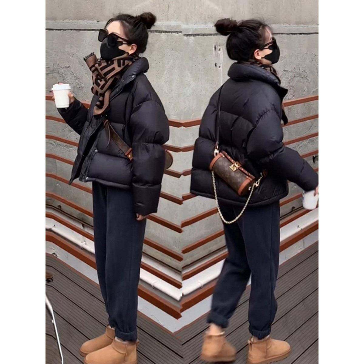 今年流行羽绒服女2025年春秋黑色短款宽松小个子白鸭绒面包服外套