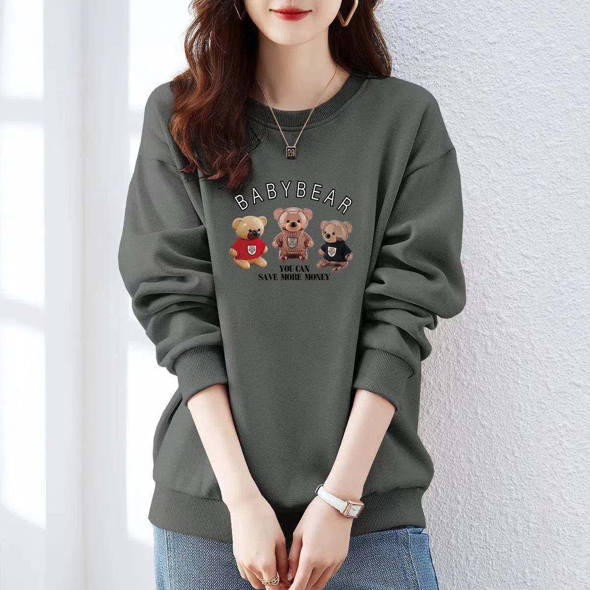 韩系2024新款宽松大码无帽纯棉卫衣秋季韩版圆领长袖上衣女士外套