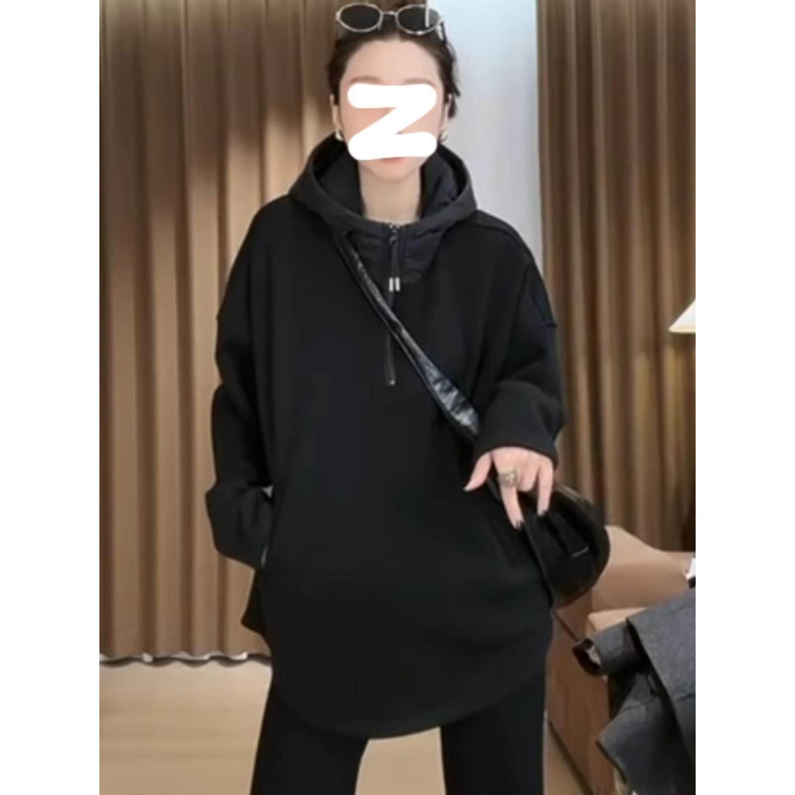 香港小众设计款极简半拉链加绒帽衫女2025冬新款大码百搭减龄上衣