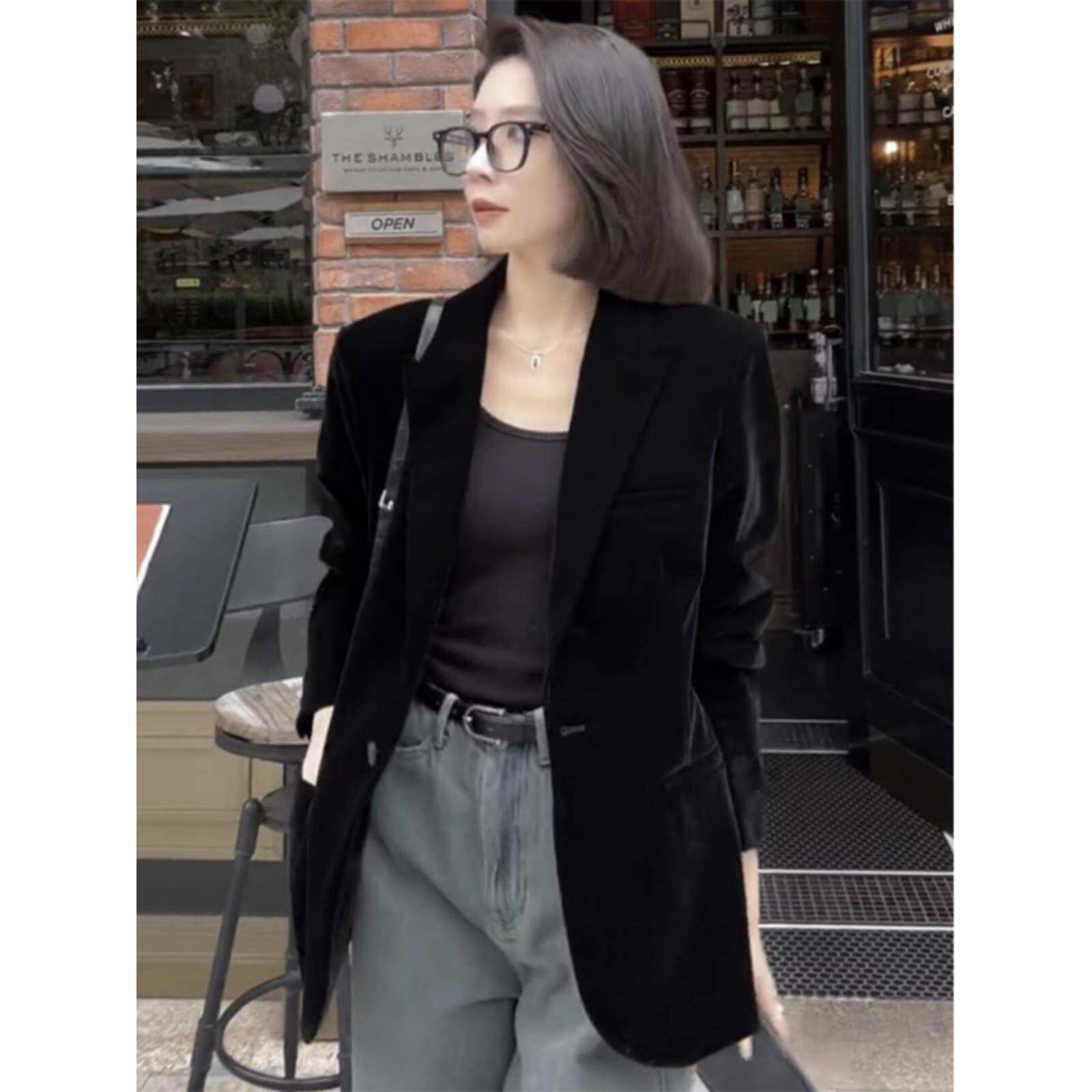 欧洲站冬高级感黑色丝绒西装外套女显瘦气质女神范小个子西服上衣