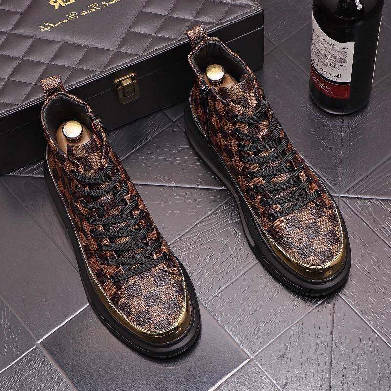 潮牌2025秋季新款男生高帮鞋厚底内增高休闲鞋英伦风格子短马丁靴