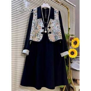 香港秋冬新款时尚胖mm大码女装新中式马甲国潮风显瘦连衣裙两件套