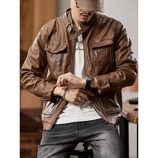 香港真皮皮衣外套男士美式机车立领夹克春秋季户外短款咖色工装潮