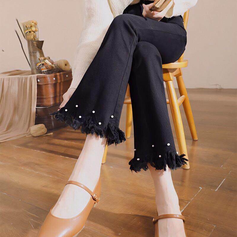 SPYB黑色微喇牛仔裤女秋冬季新款弹力显瘦毛边九分休闲高腰喇叭裤