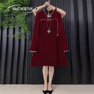 香港冬季复古大码女装盘扣流苏连衣裙钉珠裙子胖MM显瘦亮晶晶长裙