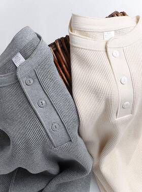 美国卡其布重量级315g！纯棉春秋华夫亨利领长袖男士底裤衬衫