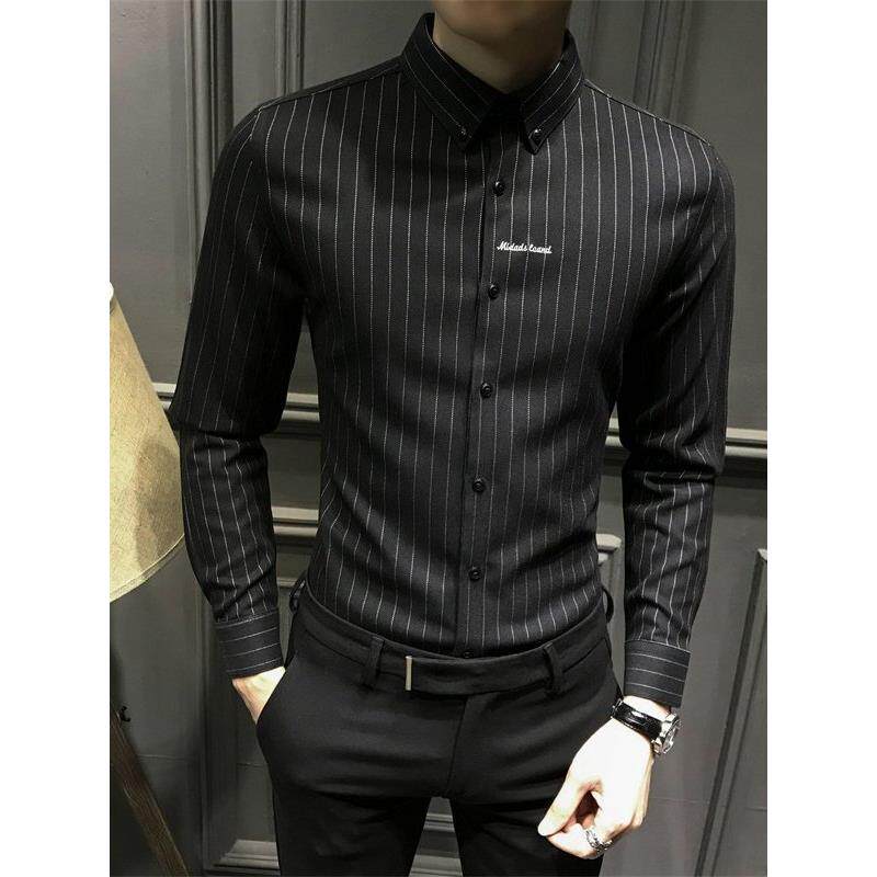 高端轻奢2025新款条纹衬衫男士秋季加绒加厚保暖长袖衬衣商务男装