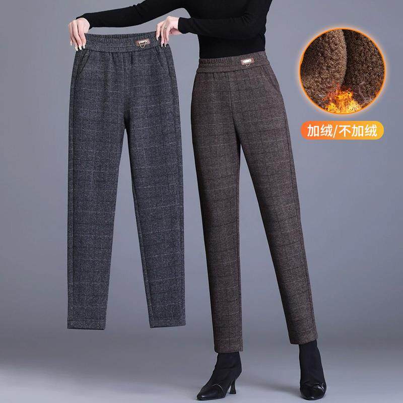格子小脚裤女春秋加厚毛呢哈伦裤松紧高腰中年妈妈显瘦加绒休闲裤