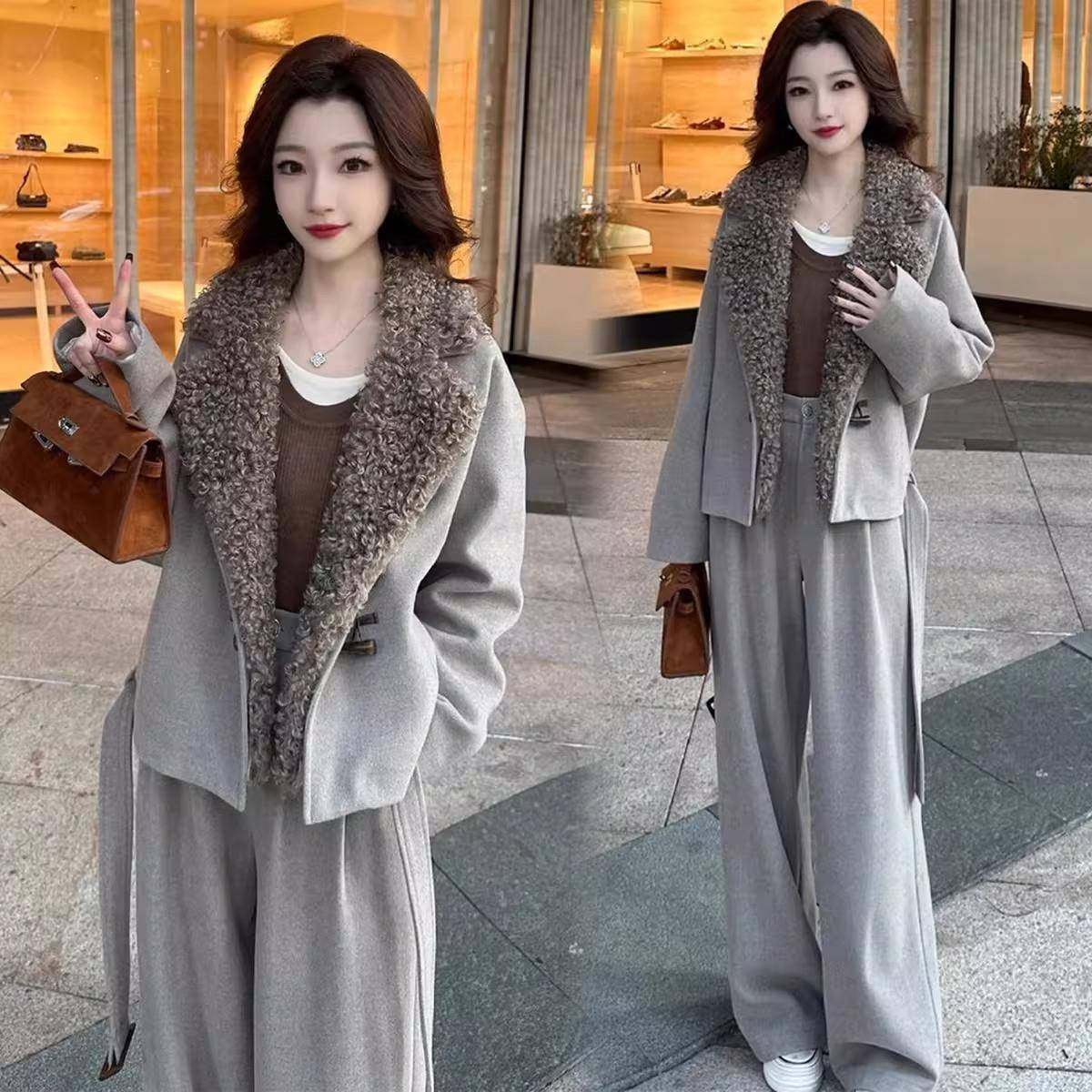 香港代购时尚套装女冬季新款保暖羊羔毛翻领毛呢外套阔腿裤两件套,女装/女士精品,时尚套装,淘宝优惠券,粉丝福利购,淘宝优惠卷