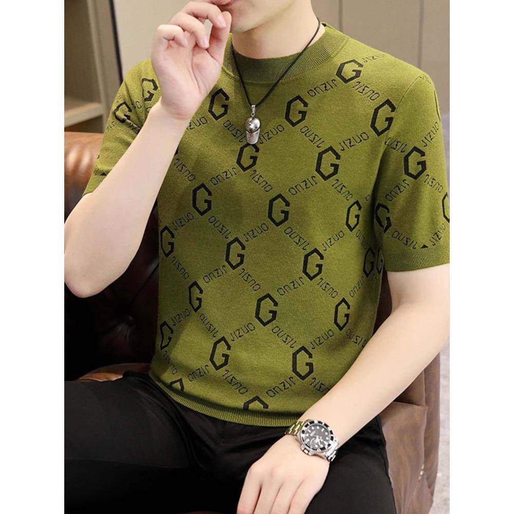 2025夏季高端冰丝男士短袖t恤新潮流修身圆领休闲男士针织衫半袖