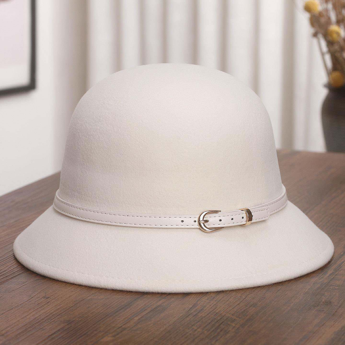 2025新款简约皮带扣羊毛呢渔夫帽子女秋冬季显脸小盆帽法式礼帽潮