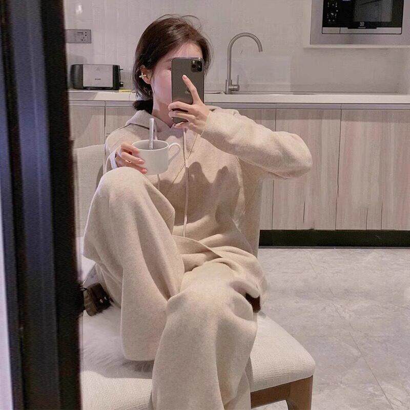 欧洲站秋季新款时尚休闲针织连帽卫衣阔腿长裤运动风两件套装女潮