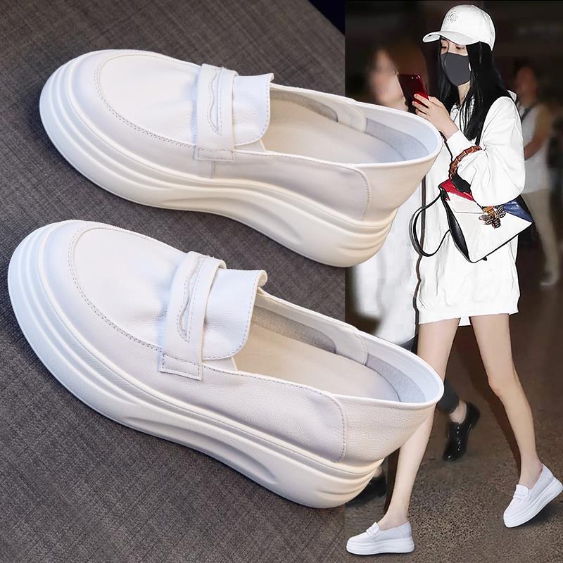 香港潮牌内增高小白鞋女鞋2025年新款真皮休闲厚底一脚蹬两穿春秋