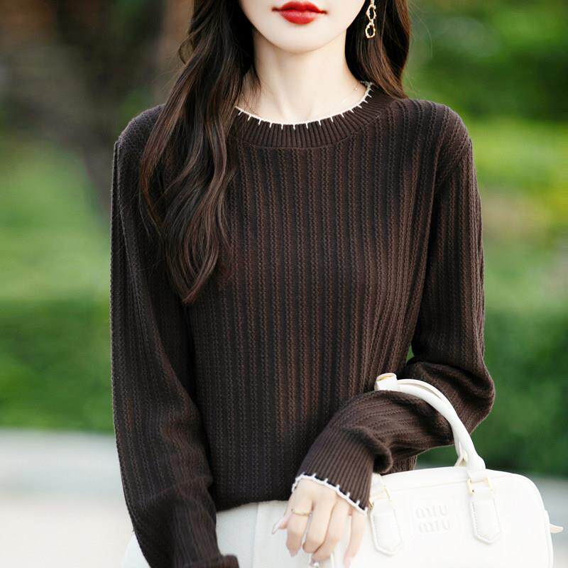 高档轻奢纯棉线花边圆领针织毛衣女士秋冬新款亲肤糯肌理感打底衫