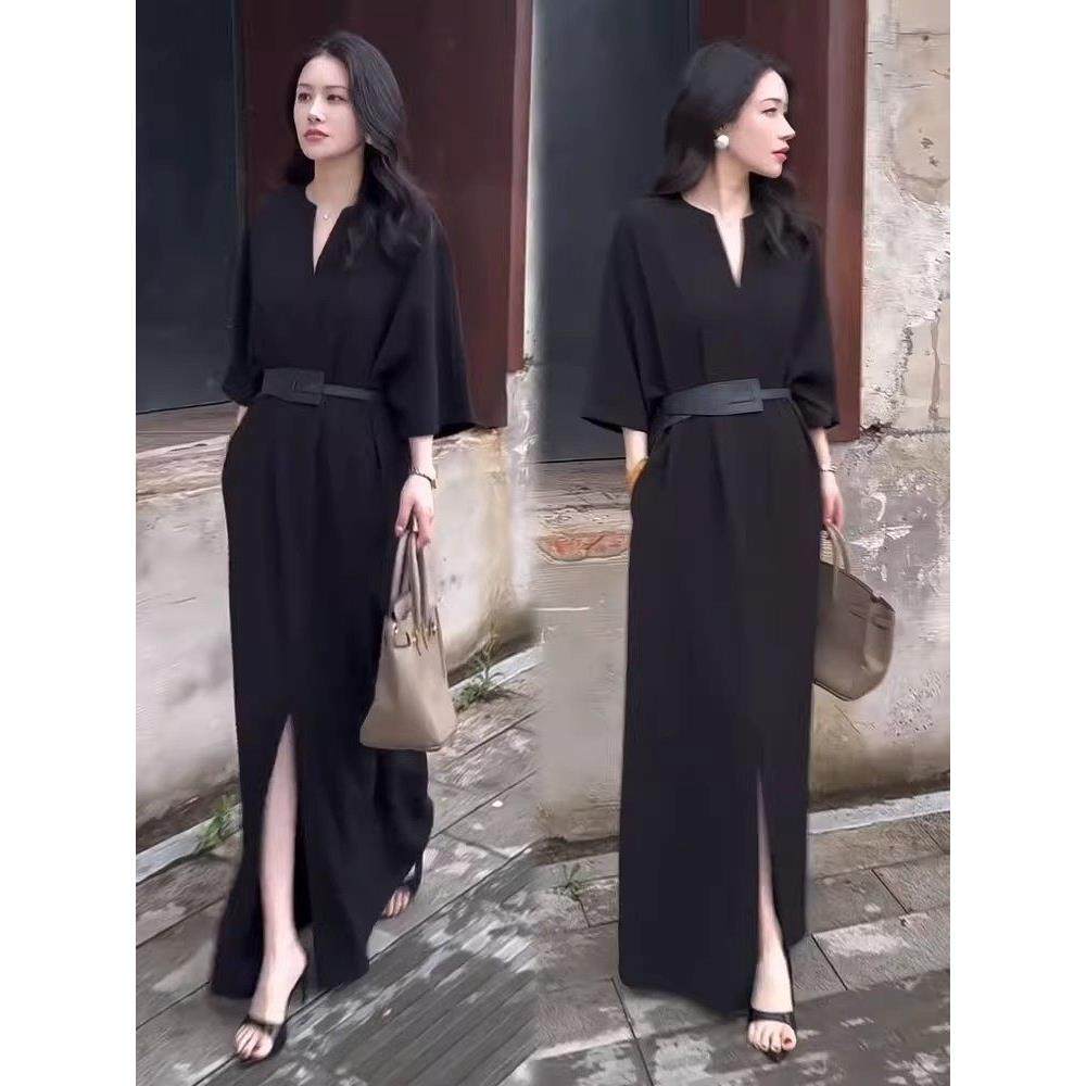 香港代购时尚连衣裙女早秋新款时髦V领系带收腰中长款开叉气质裙