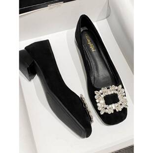 一脚蹬豆豆鞋 女黑色方头真皮大码 低跟粗跟浅口单鞋 店主自留新款