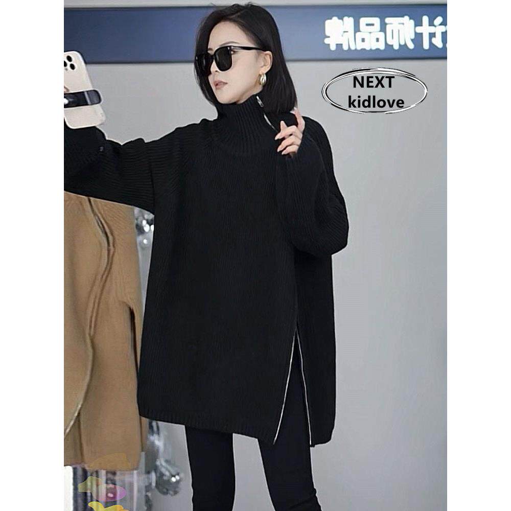 香港秋冬高级感半高领加厚毛衣女中长款侧面拉链设计感开衫针织衫