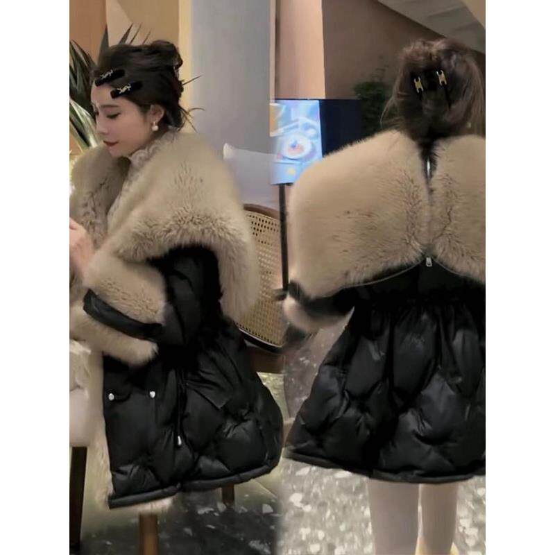 香港2025冬季新款韩版洋气收腰羽绒服女天使之翼大毛领中长款外套