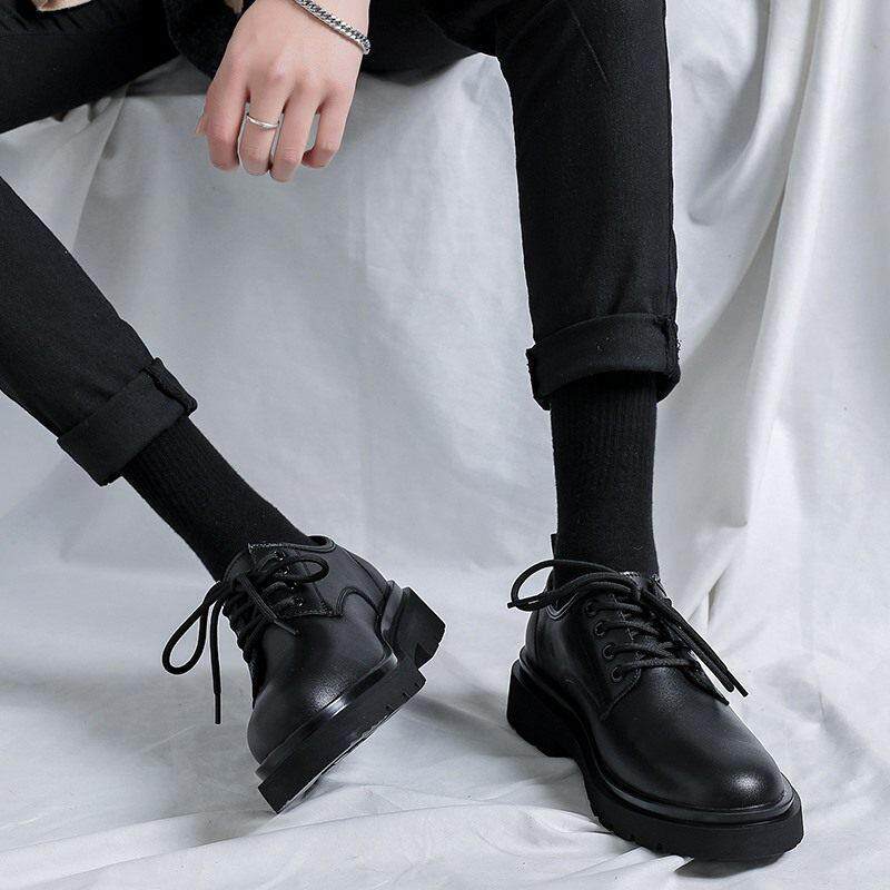 高端皮鞋男黑色英伦风复古厚底增高真皮透气板鞋商务正装休闲单鞋