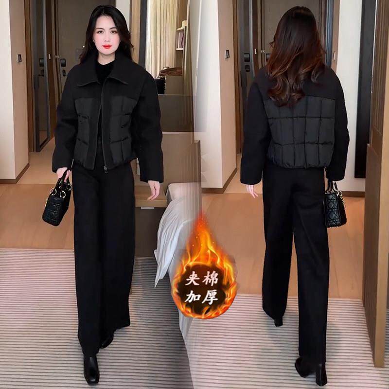 香港代购时尚套装女冬季新款加厚毛呢拼接棉衣外套阔腿裤两件套潮
