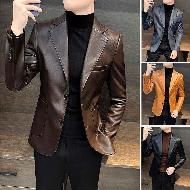 高级感商务皮西装男士春秋新款青年韩版修身潮流百搭休闲皮衣外套