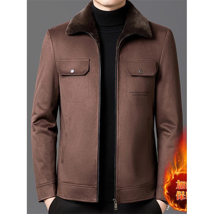 香港冬季新款男士商务休闲时尚保暖毛领加绒麂皮夹克外套翻领短款