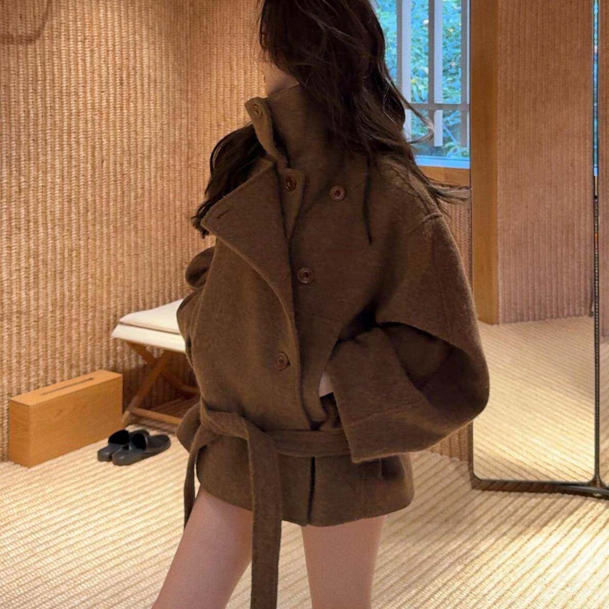 香港棕色双面羊绒立领毛呢外套女冬季高级感气质短款加厚呢子大衣