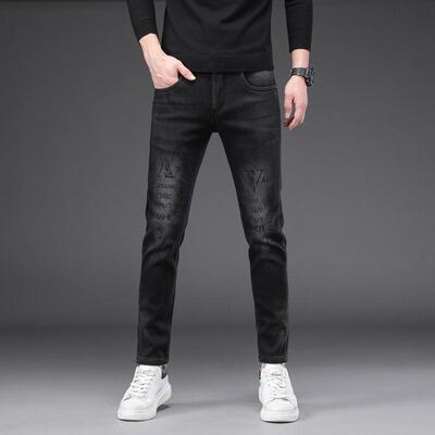 香港黑色九分牛仔裤男秋冬款加绒加厚修身小脚弹力长裤子2025新款