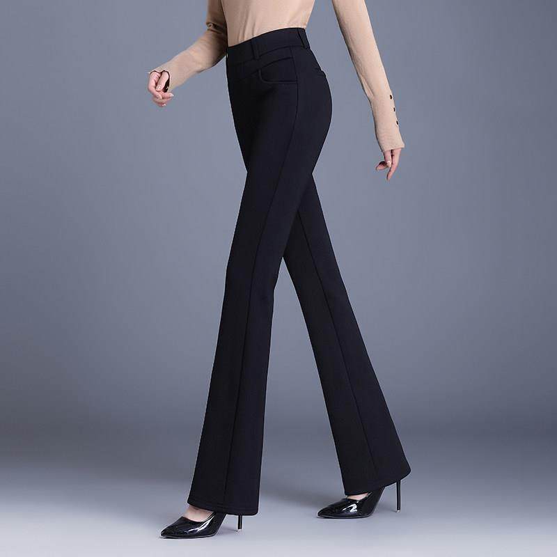 春秋微喇叭裤女高腰垂感修身弹力休闲裤大码胖mm200斤黑色加长裤