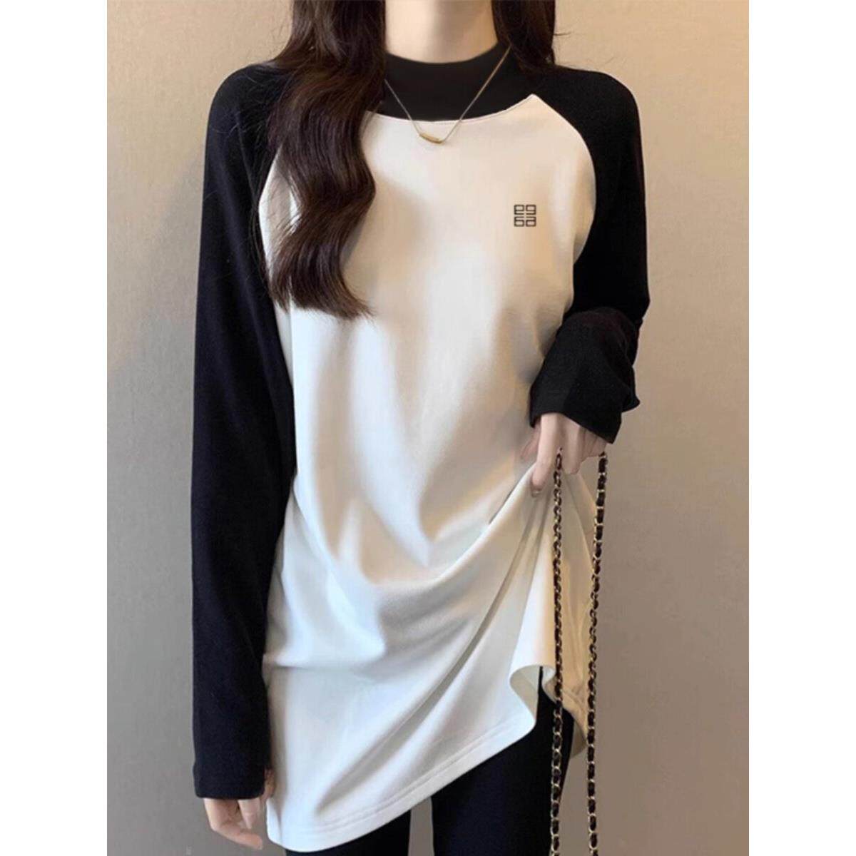 韩国半高领磨毛加厚中长款拼色插肩长袖上衣女秋冬大码内搭打底衫