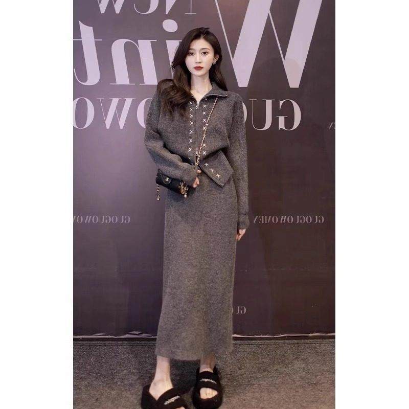 欧洲站法式小香风灰色打底针织毛衣半身裙职业两件套装裙2023秋季