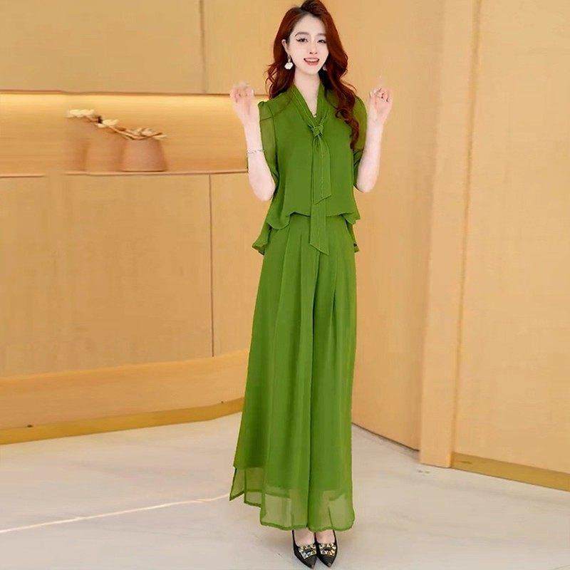 香港代购妈妈装套装女秋新款洋气质显瘦中袖雪纺上衣阔腿裤两件套