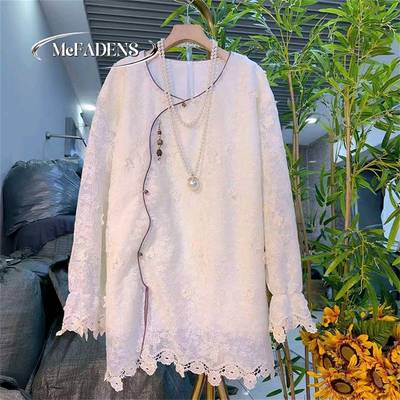 香港新中式大码女装蕾丝内搭上衣早春新款国风大衫胖MM显瘦女人衫