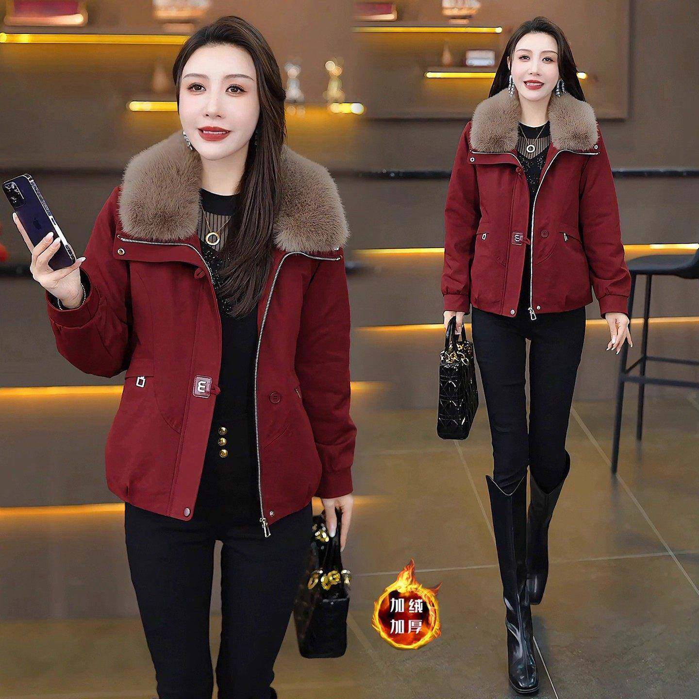 香港代购妈妈装加绒短外套女冬季新款保暖棉服洋气休闲夹克上衣潮