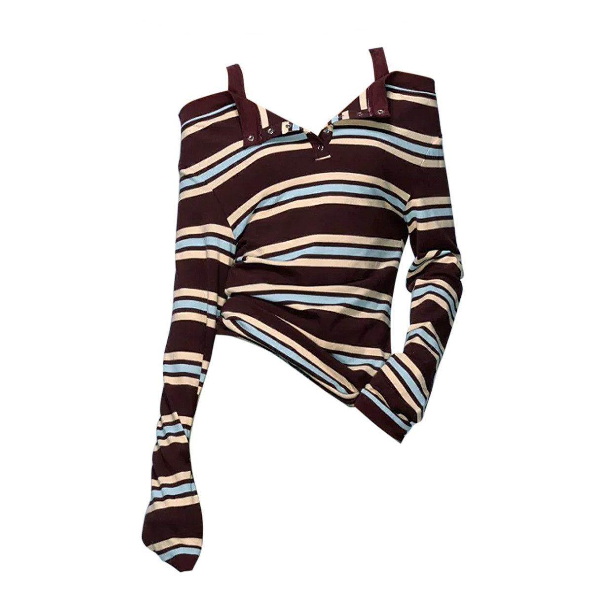 新品香港早秋辣妹韩系撞色条纹吊带长袖T恤女慵懒显瘦一字肩上衣